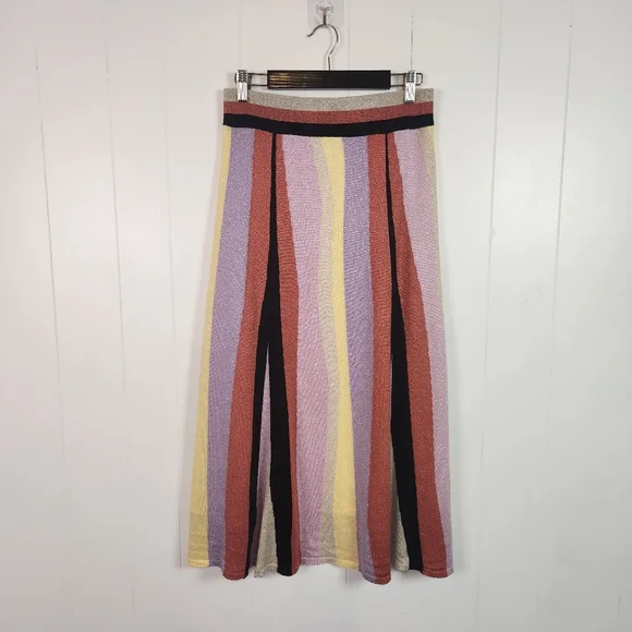 Anthropologie Laia Pink Purple Stripe Midi Knit Swing Skirt Size Small Mod Artsy - Picture 4 of 12